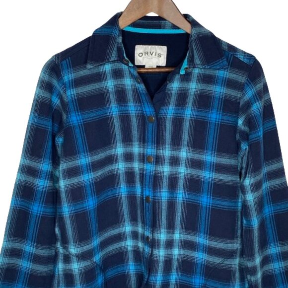 Orvis Womens Fleece Lined Flannel Shacket Size S Blue Plaid Gorpcore Granola - Picture 2 of 15